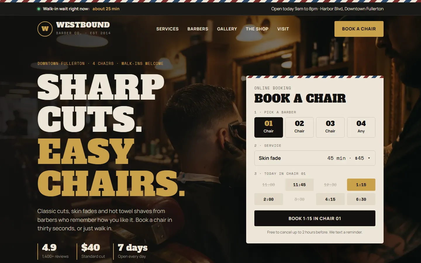 Concept design for a fictional barbershop business, Westbound Barber Co.: home page