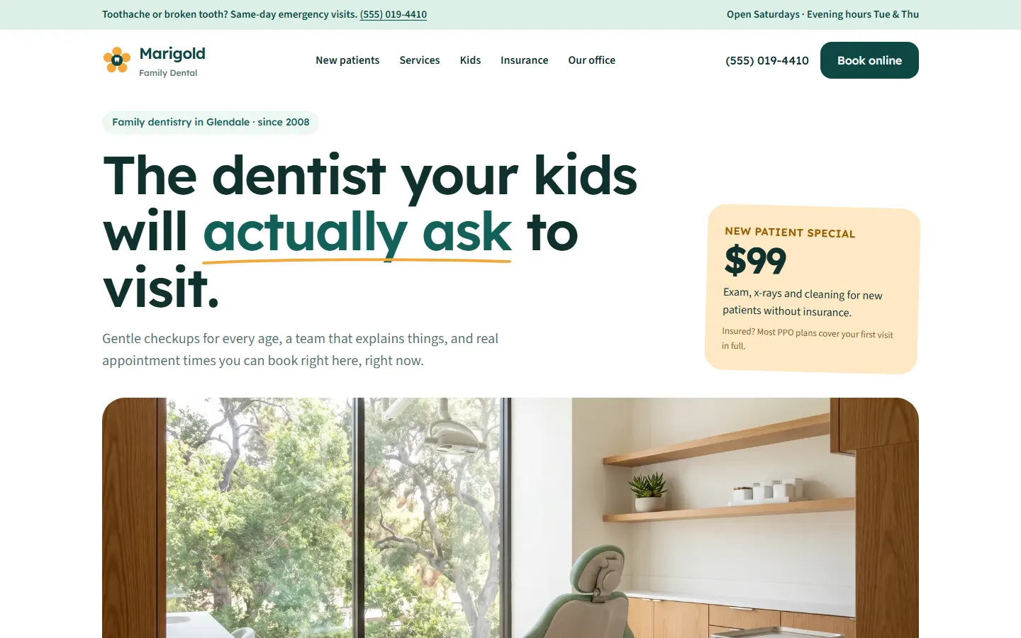 Concept design for a fictional dentist business, Marigold Family Dental: home page