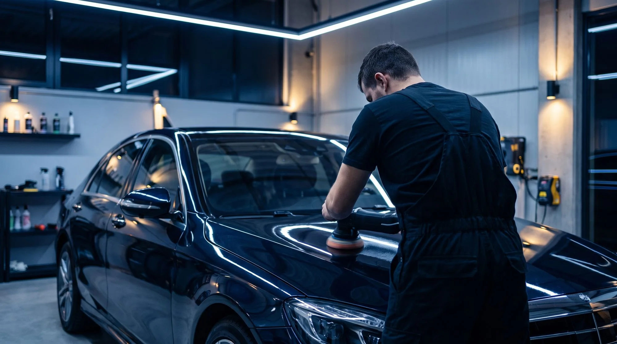 Detailer machine polishing the hood of a dark sedan in a lit studio