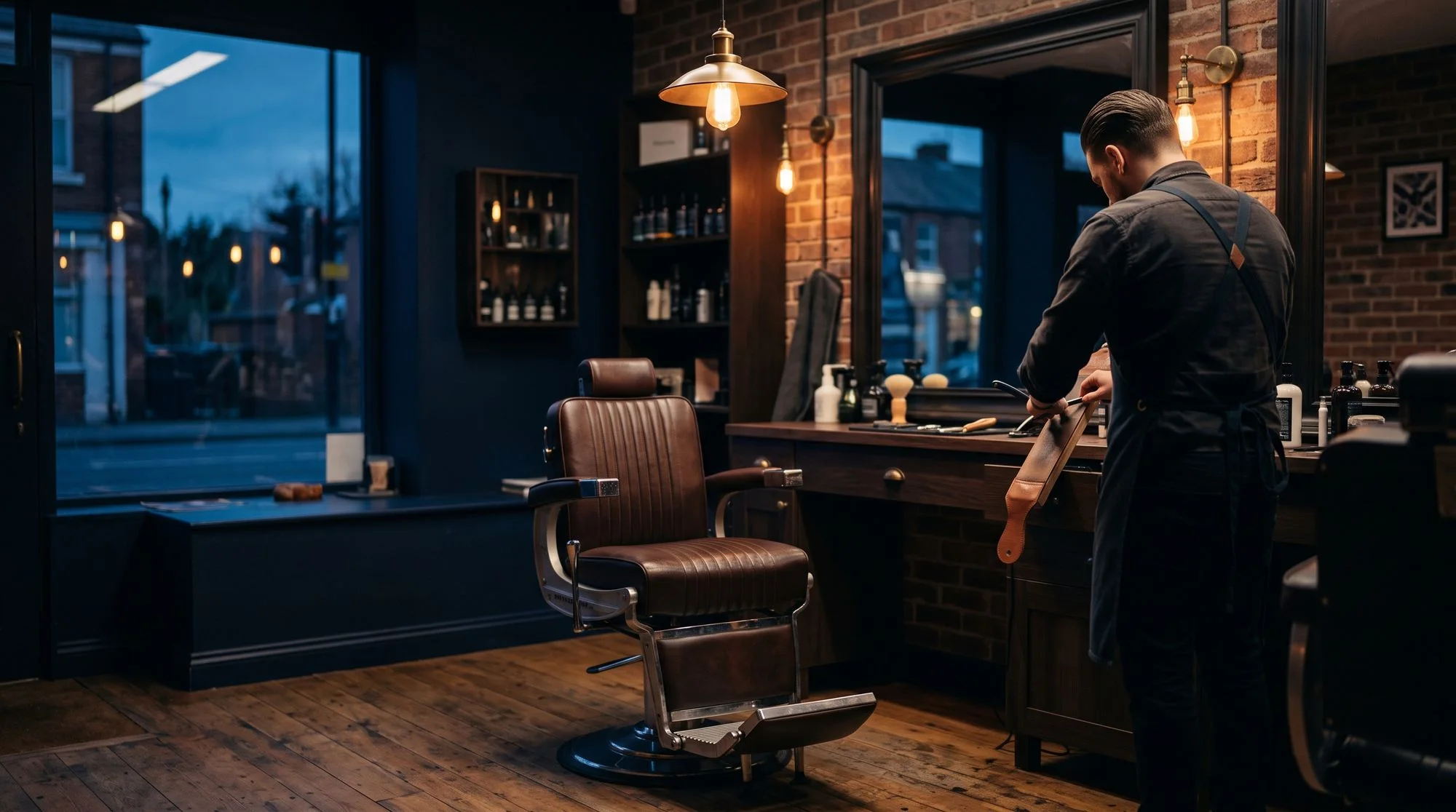 Leather barber chair under a pendant light in a barbershop