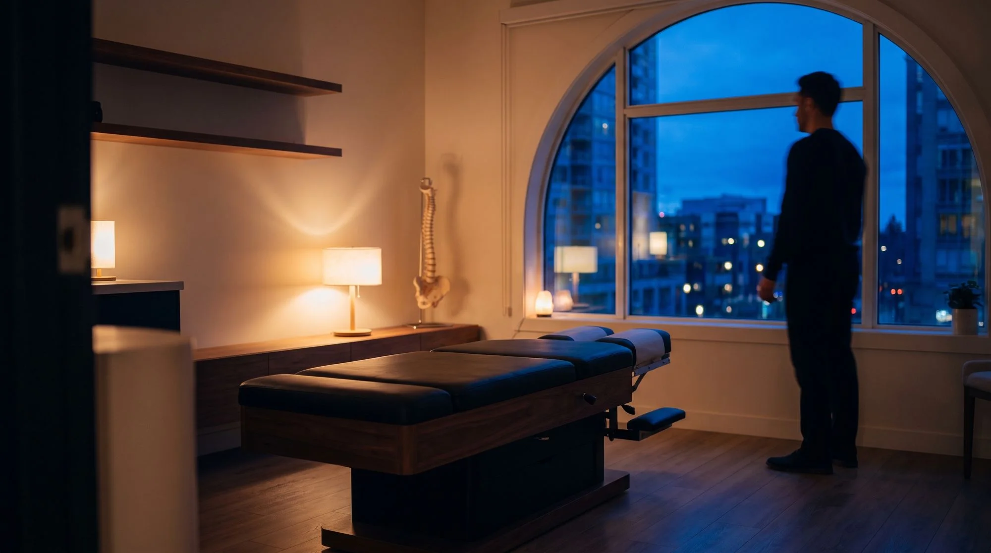 Chiropractic treatment room with an adjusting table at dusk