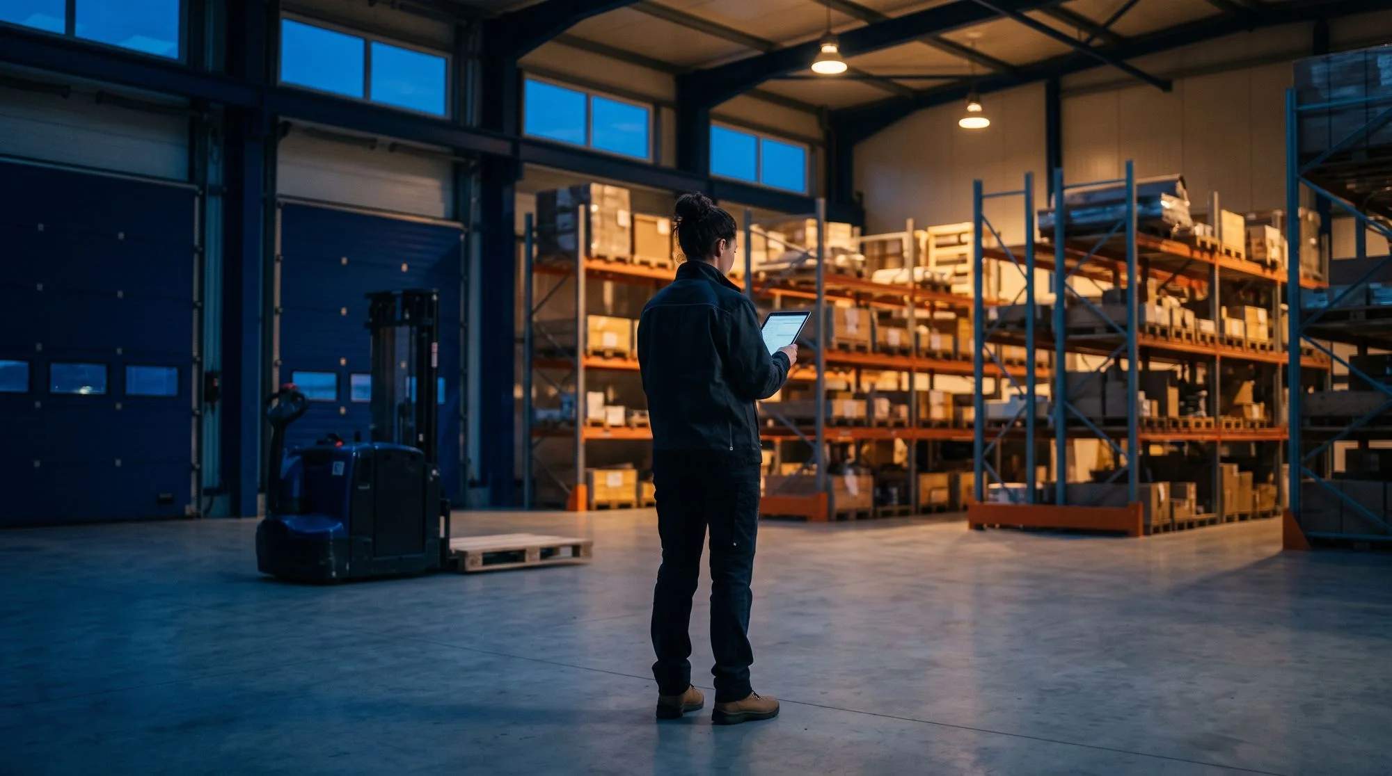 Warehouse with product racks and a forklift at dusk