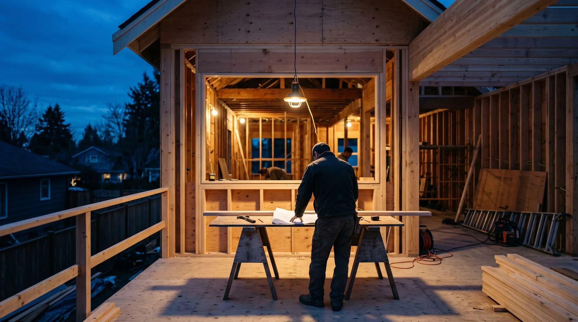Contractor reviewing plans at a home remodel with new framing