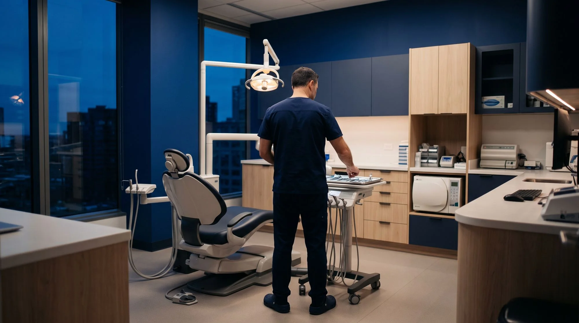 Dental operatory with the chair under the exam light