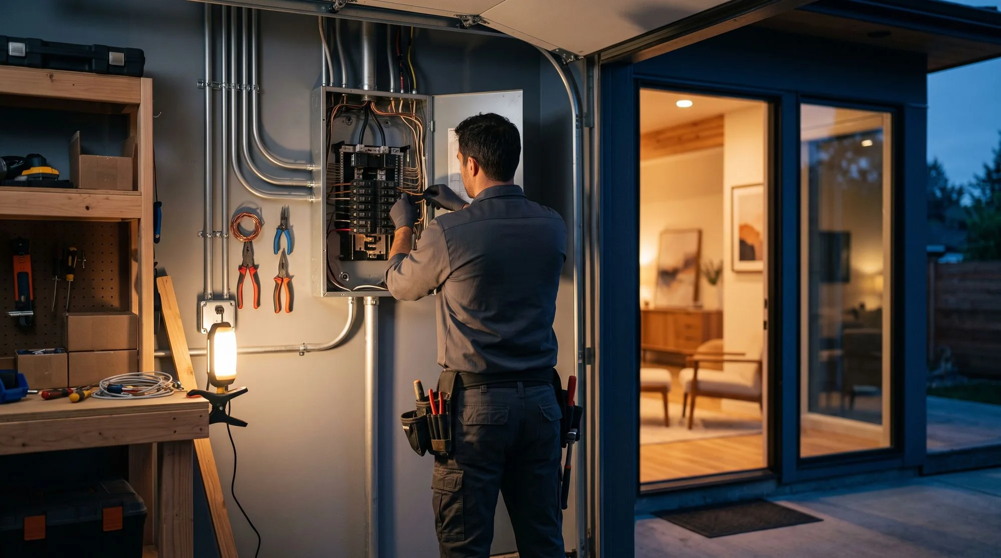 Electrician working at an open home electrical panel in a garage
