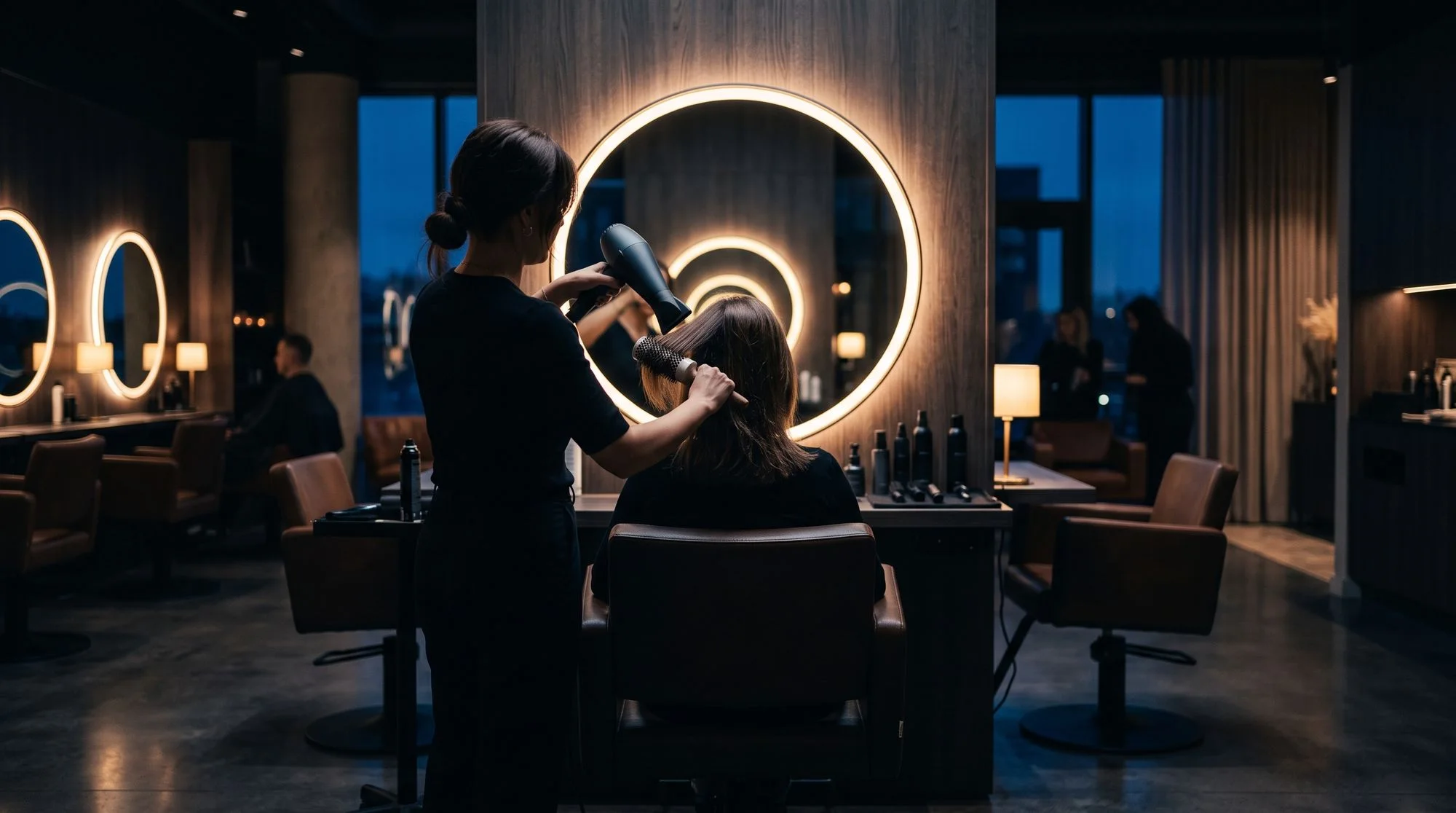 Stylist blow-drying hair at a salon chair before a round mirror