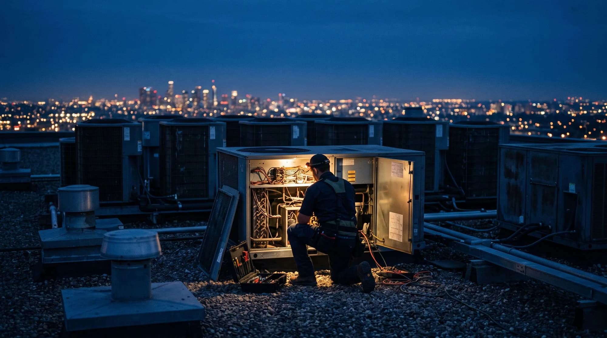 HVAC technician kneeling at a rooftop condenser unit at dusk