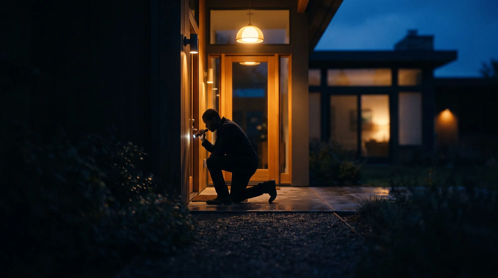Locksmith kneeling with a flashlight at the front door of a house at night