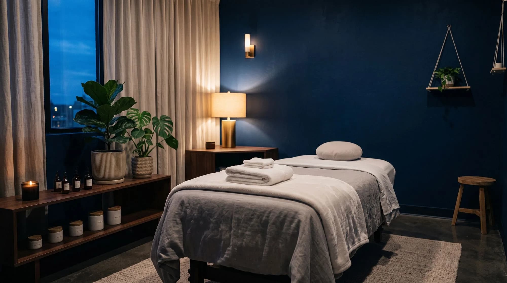 Calm med spa treatment room with a treatment bed and warm lamps