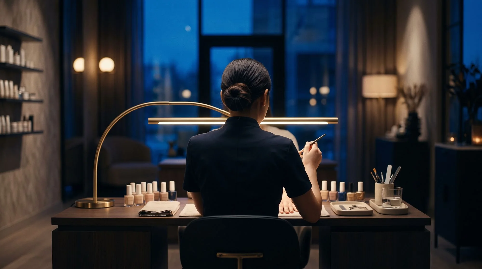 Nail salon manicure table with polish bottles under a soft lamp