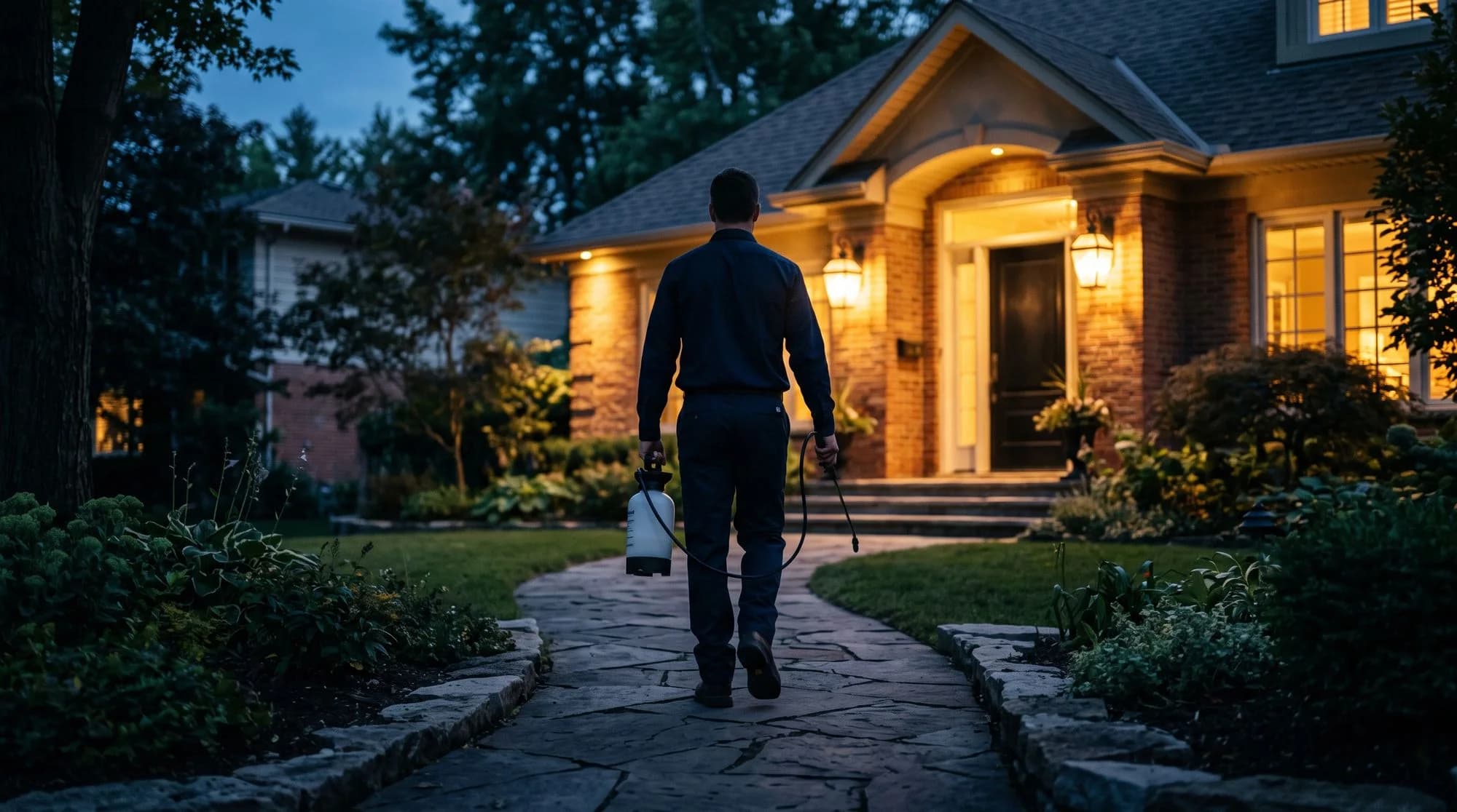 Pest control technician walking to a home carrying a sprayer