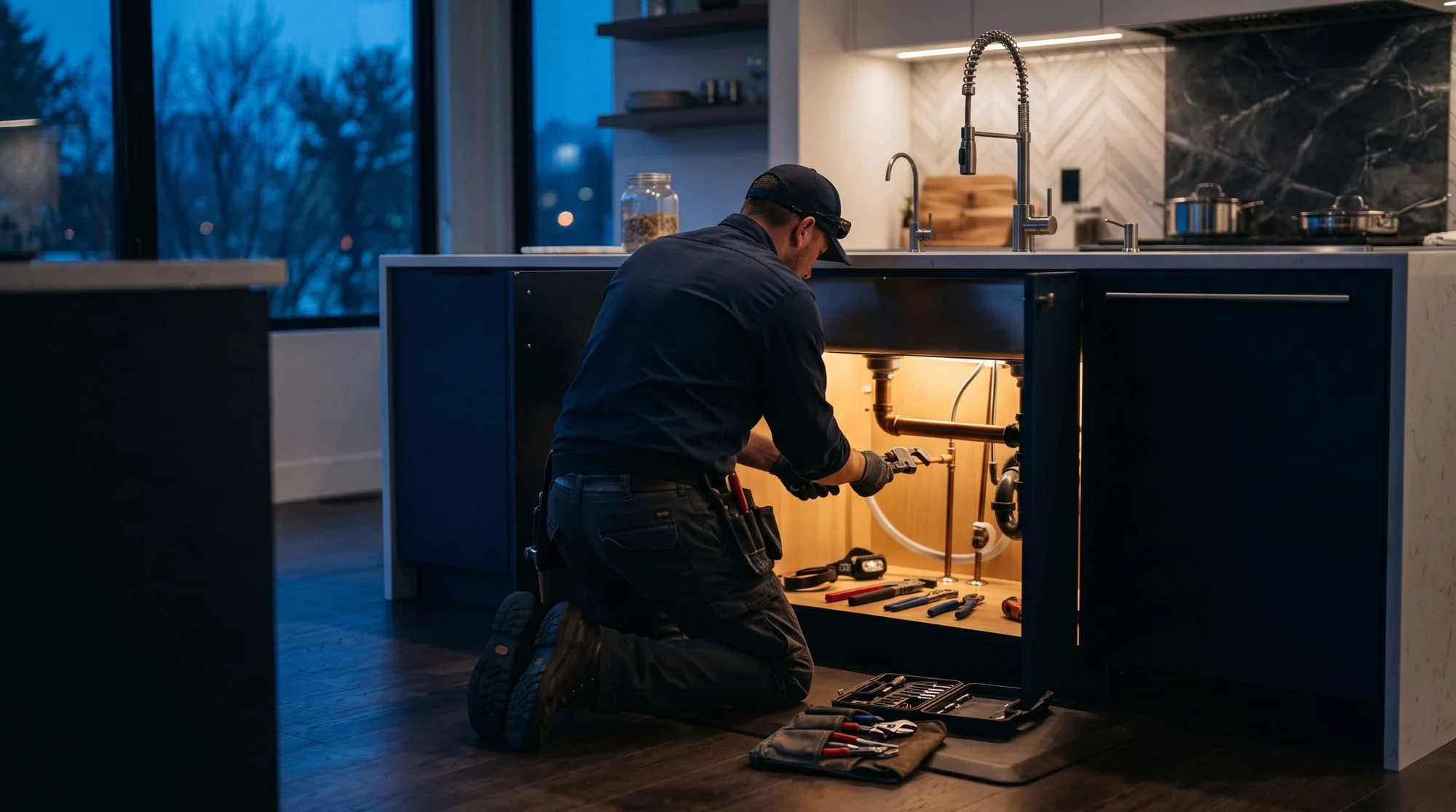 Plumber kneeling under a modern kitchen sink with tools laid out