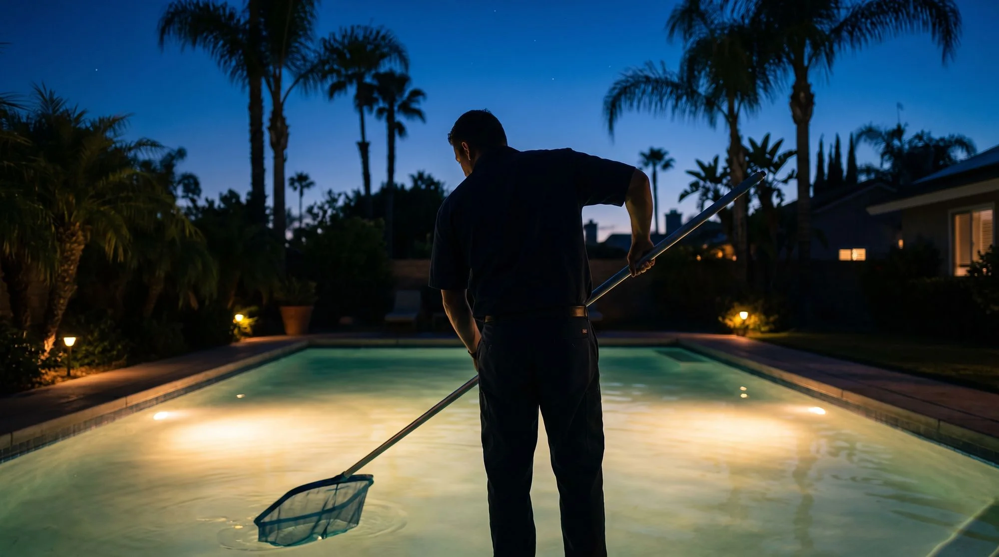Pool technician skimming a lit backyard pool at dusk under palm trees