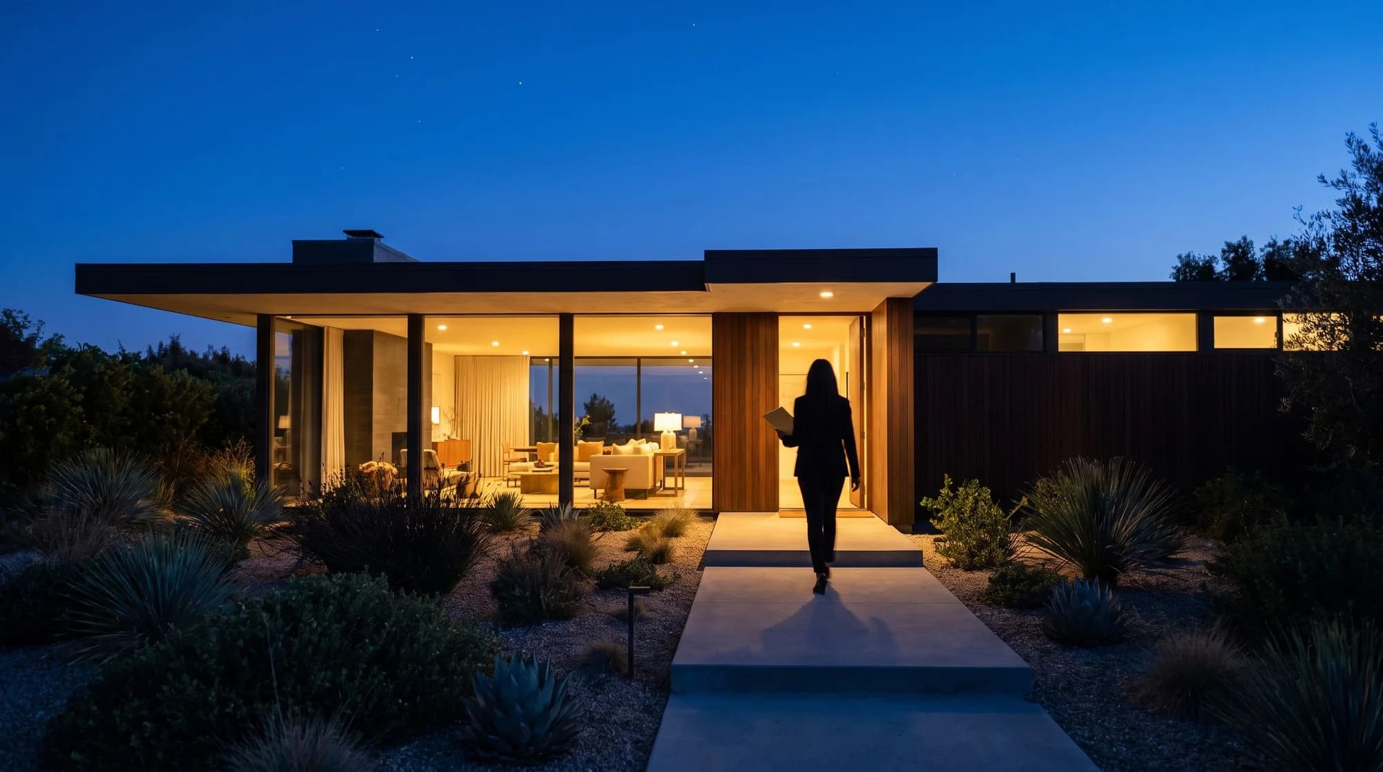 Agent walking up the path to a lit modern house at dusk with a folder
