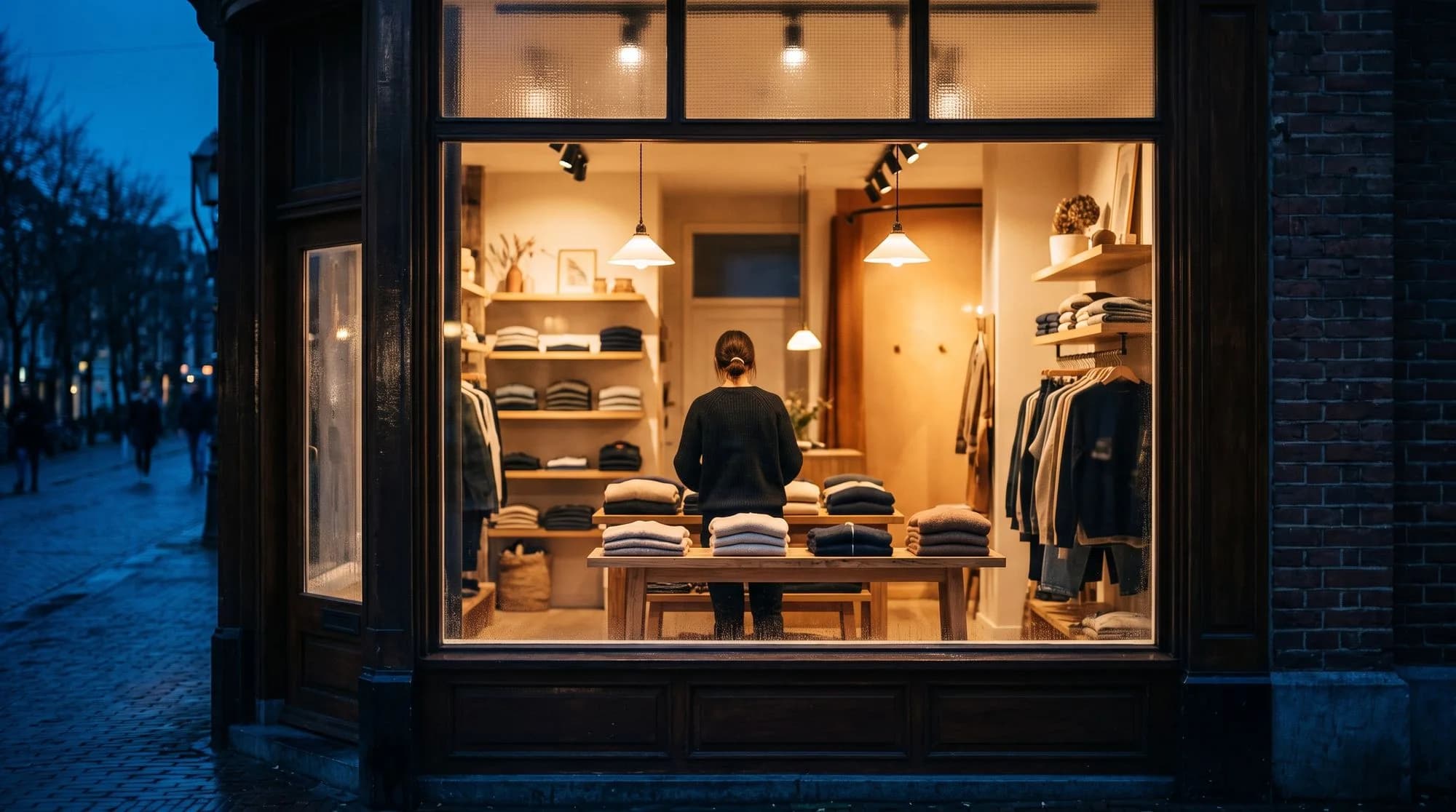 Small clothing boutique at dusk seen through the front window