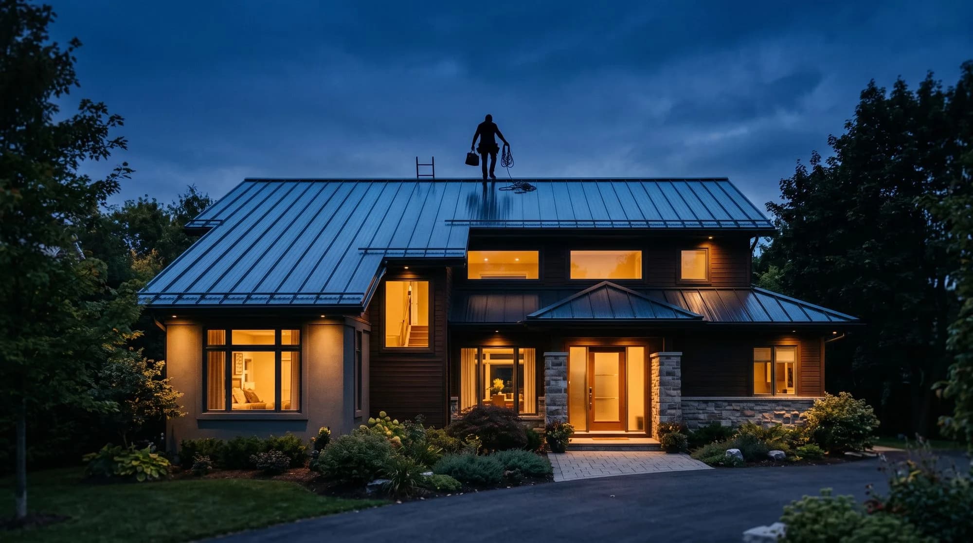 Suburban home with a new dark metal roof at dusk