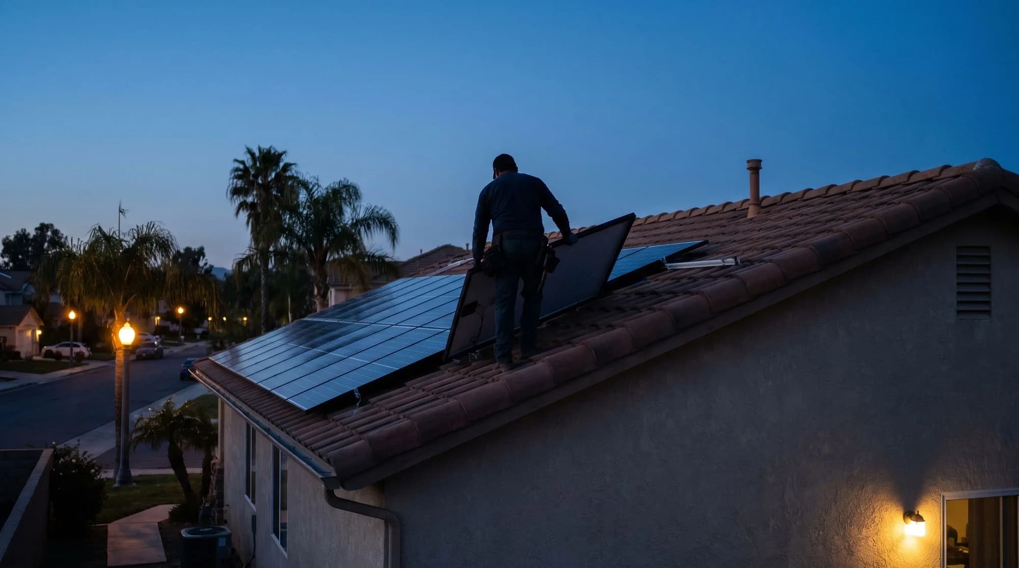 Installer placing a solar panel on a tile roof at dusk