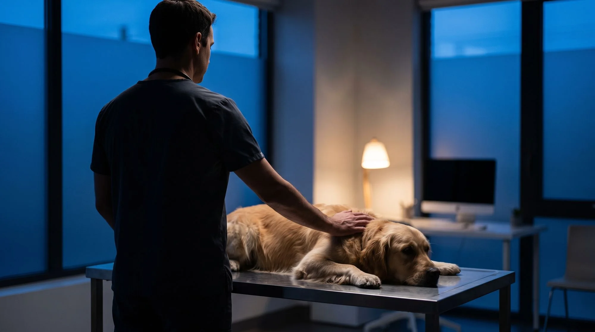 Veterinarian resting a hand on a golden retriever on an exam table