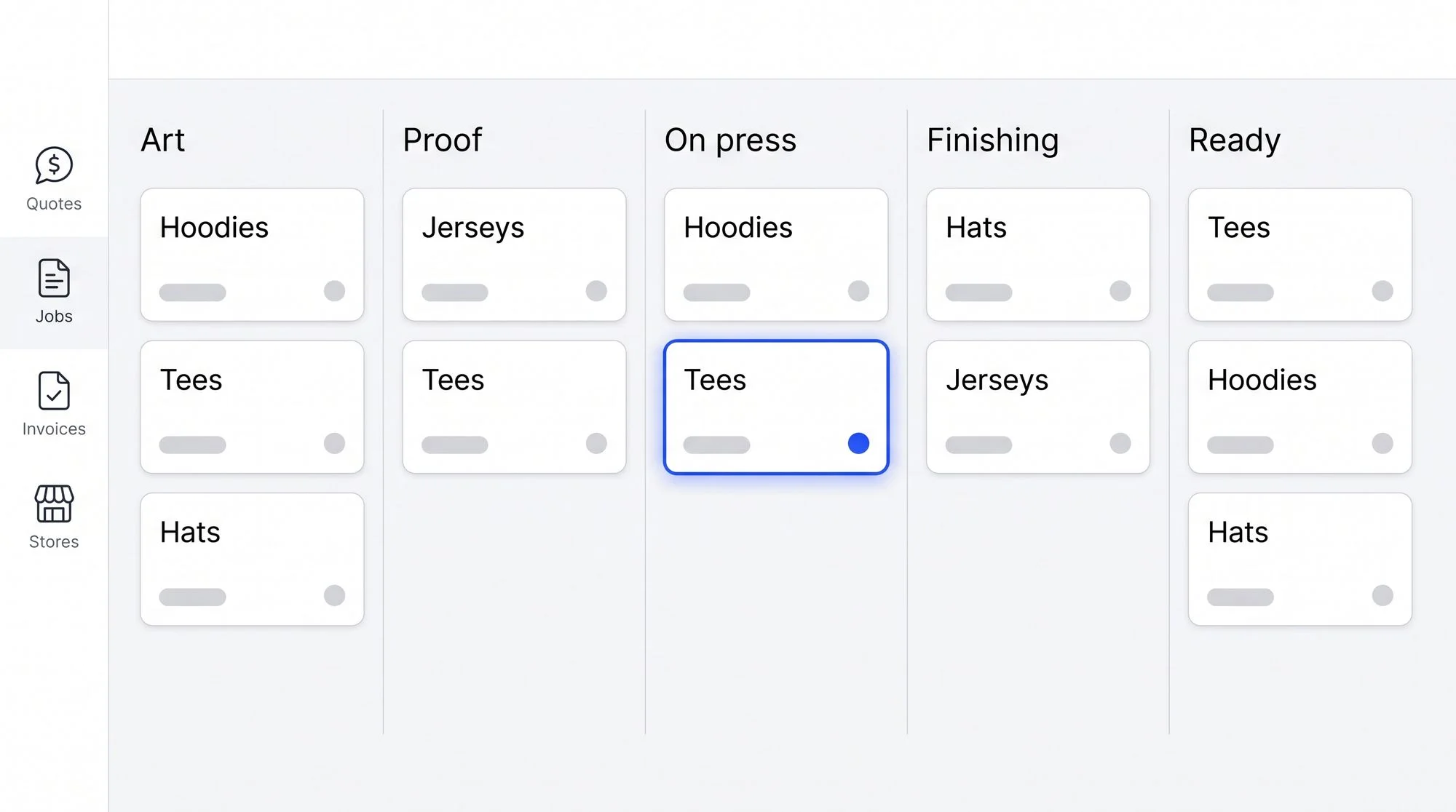 Illustration of a production board: job cards moving through art, proof, press, finishing, and ready