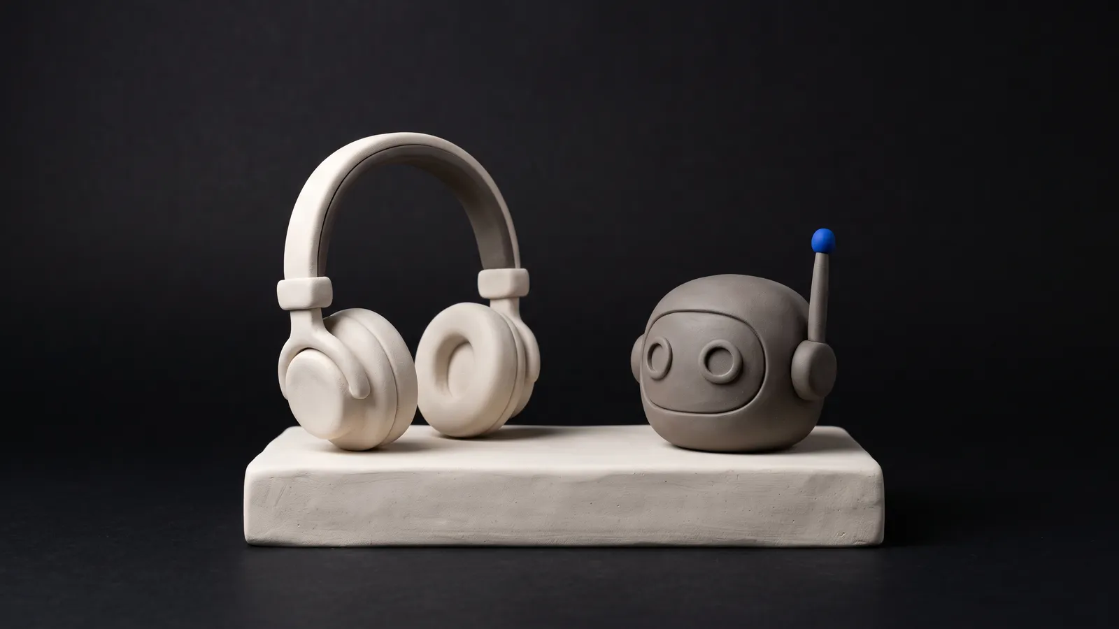 Two matte clay objects side by side, a telephone handset and a small rounded robot form with a cobalt accent, on warm off-white