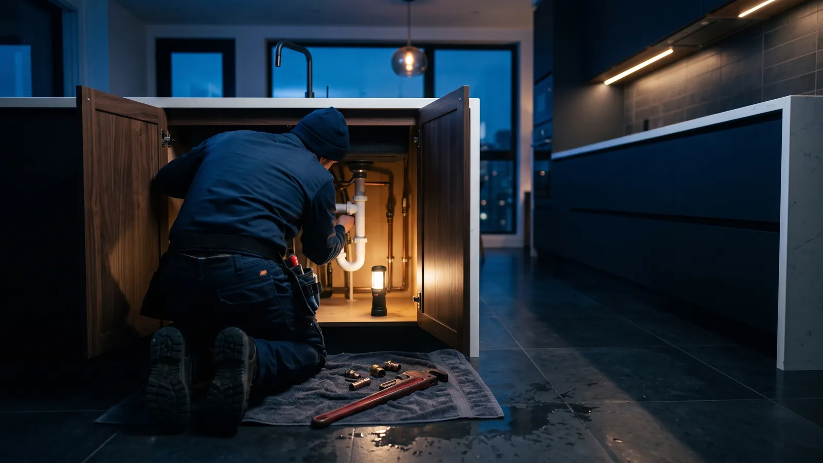 A plumber seen from behind kneeling under a kitchen sink at blue hour, lit by a work lamp, navy and cobalt tones