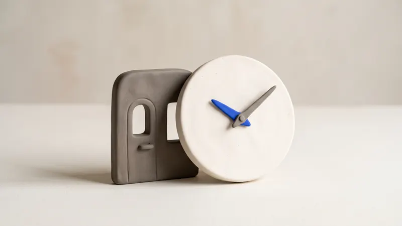 A matte clay clock face with a single cobalt hand, standing on a warm off-white background