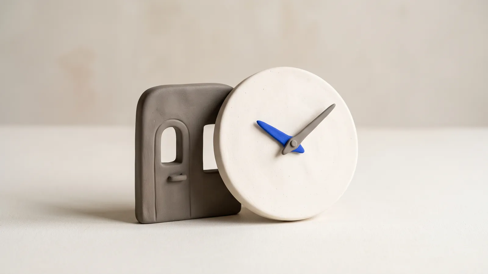 A matte clay clock face with a single cobalt hand, standing on a warm off-white background