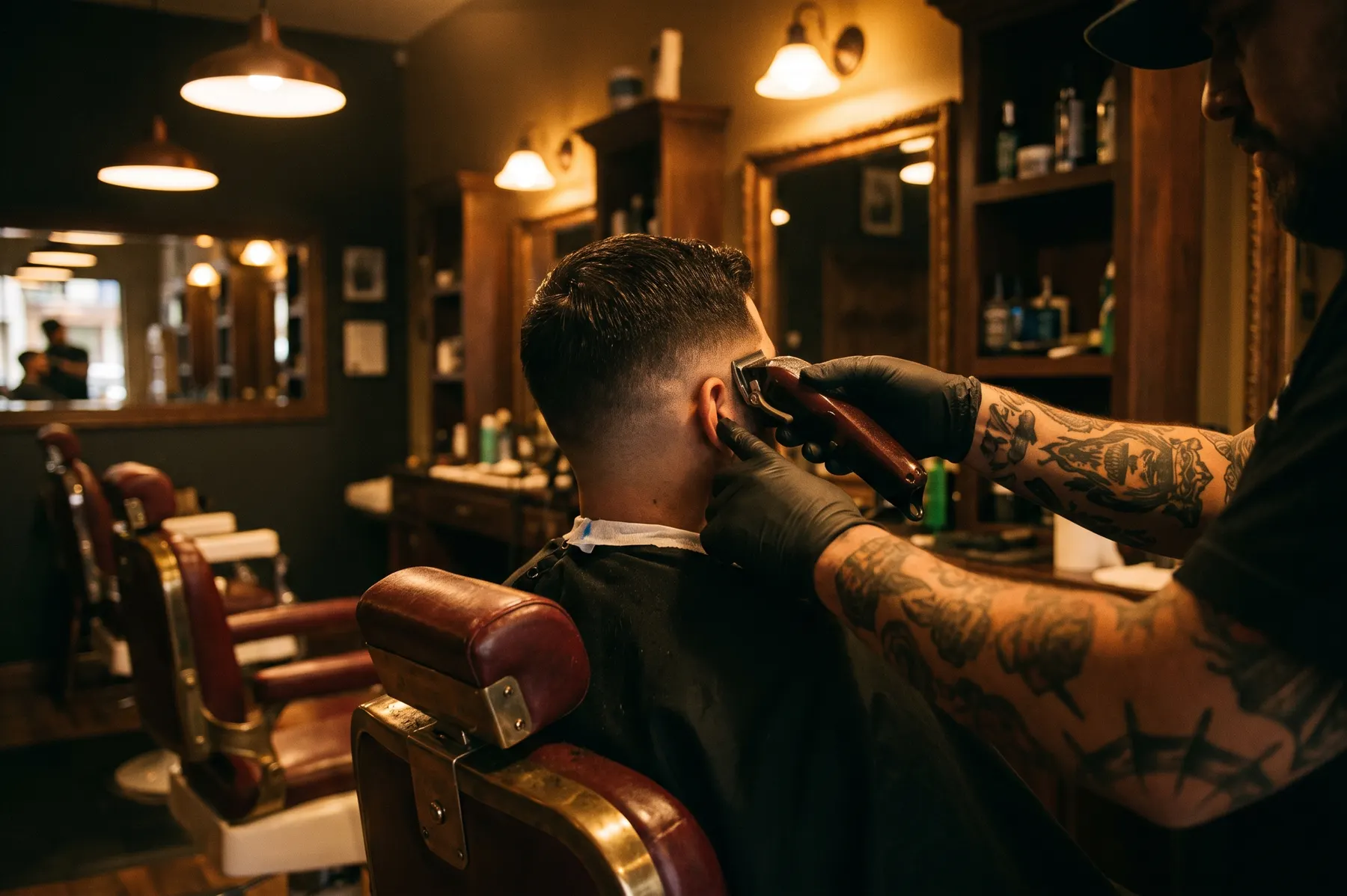 Barber fading a client's hair with clippers