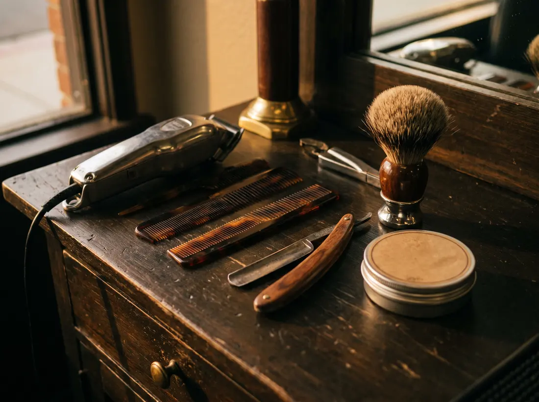 Clippers, combs and straight razor on the counter