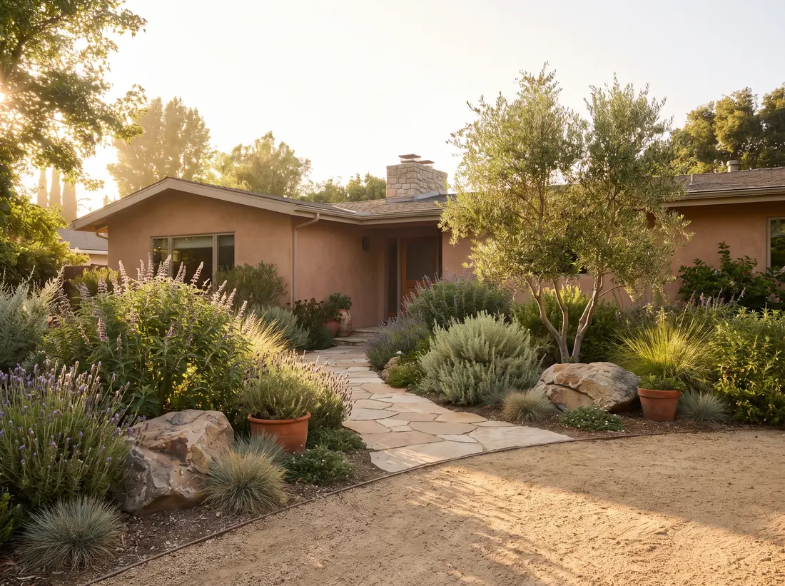 Native front garden with olive trees
