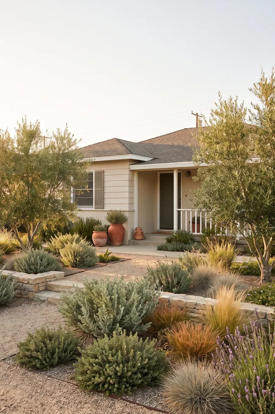 Ranch house front yard after native planting