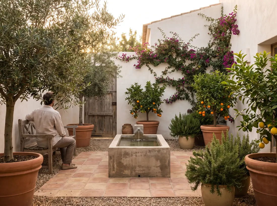 Courtyard with fountain and potted citrus