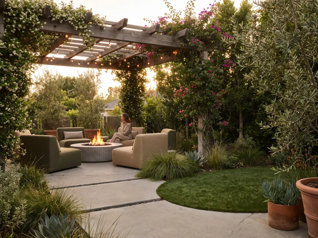 Backyard with fire pit and pergola